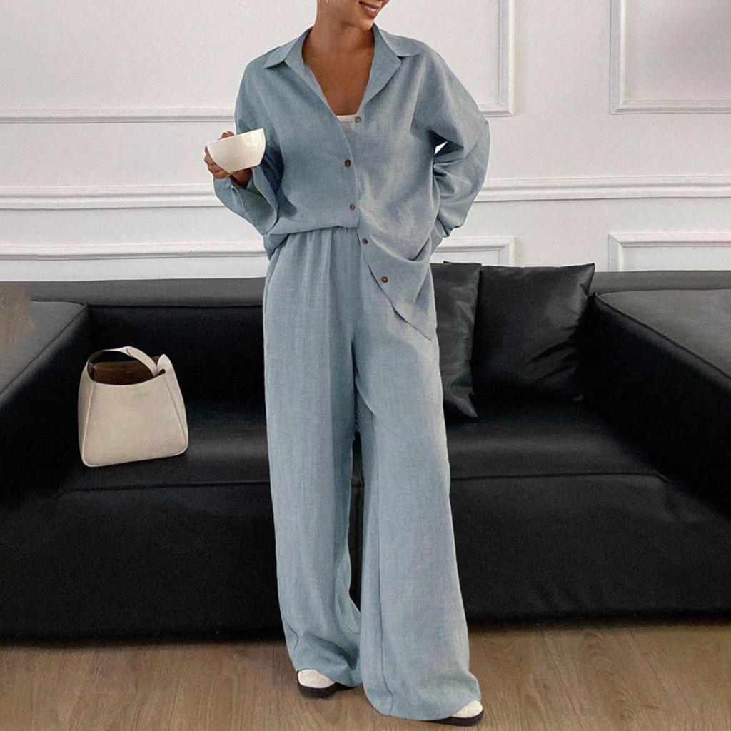 Женский повседневный костюм свободного кроя, хлопковая и льняная рубашка с длинным рукавом, брюки, комплект из двух предметов