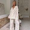 Heart Print Cotton Pyjama Sets Women Casual Long Sleeve Shirts High Waist Wide Leg Pants Spring Lady Sleepwear 2 Piece Set