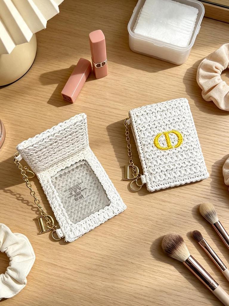 Dior 1 шт. Портативное раскладное зеркало для макияжа, Белое плетёное косметическое зеркало с подвеской-цепочкой, Компактное карманное ручное зеркало для женщин, для путешествий