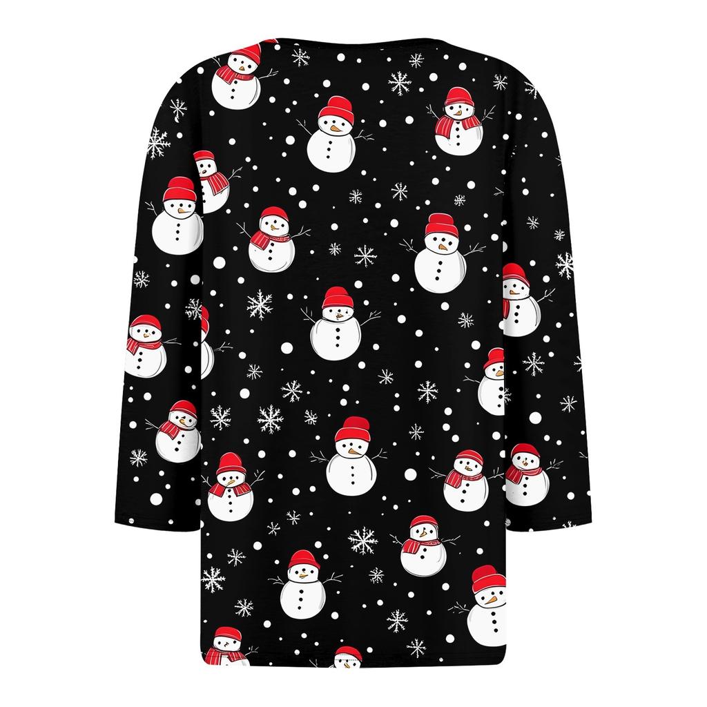 Женская футболка с рождественским принтом, на пуговицах, рукав 3/4, повседневная, выходного дня, модная, базовая, с V-образным вырезом, стандартный топ