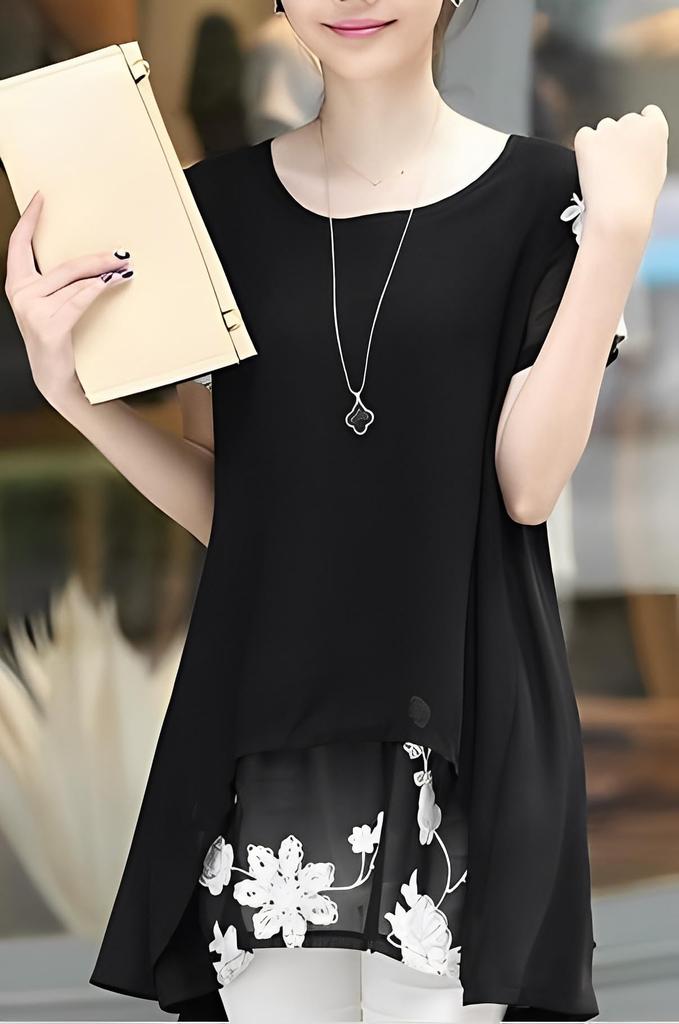 Simple Layered Floral Tunic Layered Short Sleeve Ruffle Top Tiered Cuff Sleeve Chiffon Flounce Ruffle Straight Flower Hanagara Embroidery Russell Lace