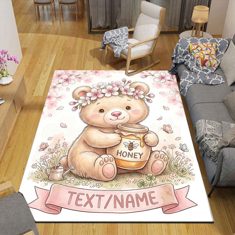 Custom Name,Floral Forest Animal Portrait Series Home Sofa Decoration for Living Room & Bedroom, Non‑Slip Play Flannel Floor Mat for Game Room
