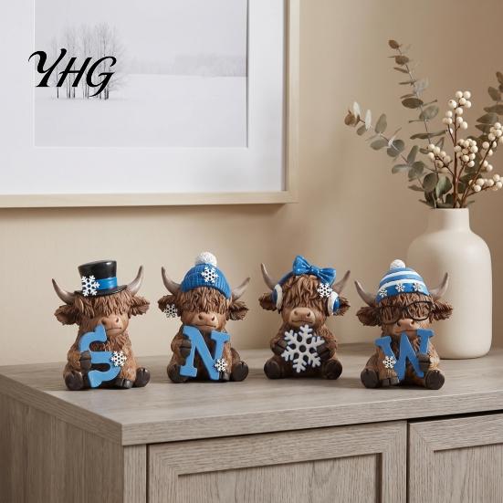Elegant Seasonal Ornament 4Pcs Christmas Highland Cow Figurine, Winter Blue Yak Statues with Snowflakes Xmas Colorful Resin Crafts Hats, Farmhouse