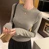 Round Neck Solid Color Long-sleeved Right Shoulder T-shirt with Women's New Autumn and Winter Slimming and Tight Basic Bottoming Top