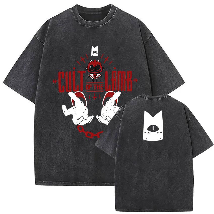 Vintage Washed Cult of The Lamb Game Fans Print T Shirts Men Women Casual Fashion 100 Cotton Short Sleeve Tshirt Tops Clothing