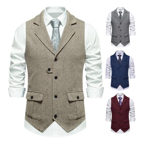 Мужской жилет с лацканами, без рукавов, однобортный, приталенный жилет с карманами с клапанами, однотонный деловой жилет, пальто