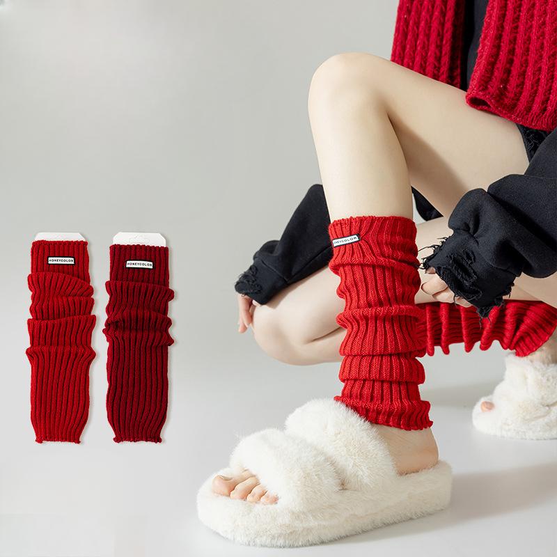 Женские осенне-зимние весенние теплые красные вязаные гетры с оборкой, носки-«куртки» с ворсом