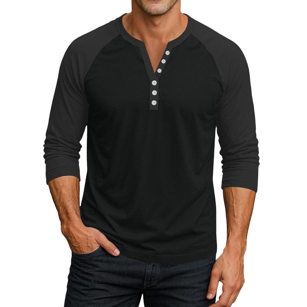 Men's Button-Down Contrast Raglan 3/4 Sleeve Top
