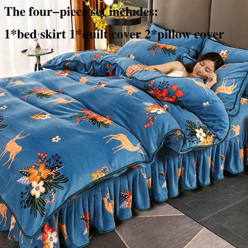 Костюм из четырех частей из молочного бархата плюс утепленное бархатное мягкое приятное для кожи постельное белье. Двусторонняя бархатная юбка-кровать устойчива к грязной зиме.