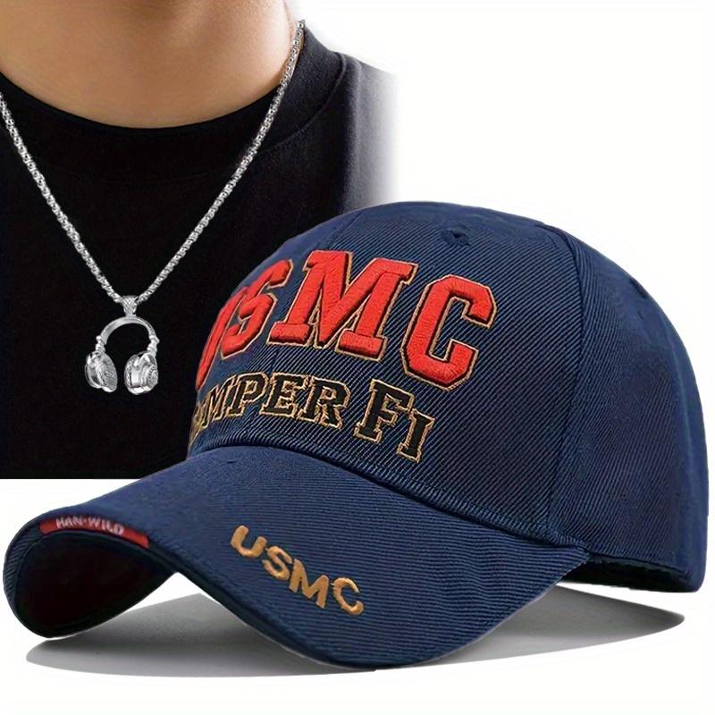 2Pcs Men's Baseball Cap Necklace Set Letter Embroidery Duck Tongue Cap Mesh Trucker Sun Shade Hat Mesh Cap Locket Necklace Couple Fashion Casual Hat