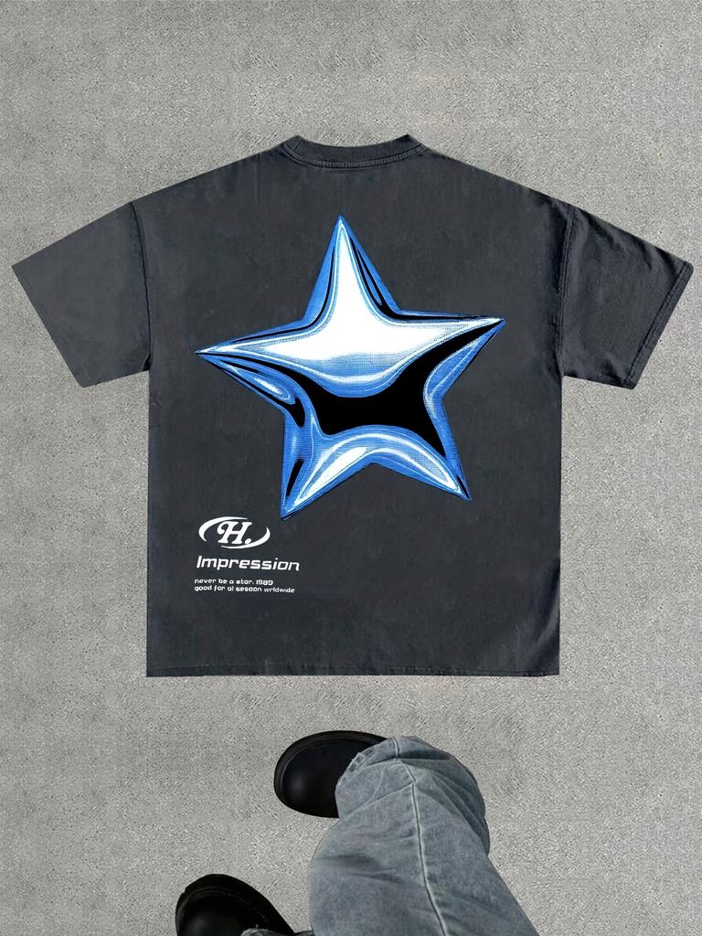 Metallic Blue 3D Star Graphic Print on Premium Soft 100 Cotton Unisexs T Shirt Perfect for Summer Urban Streetwear Style