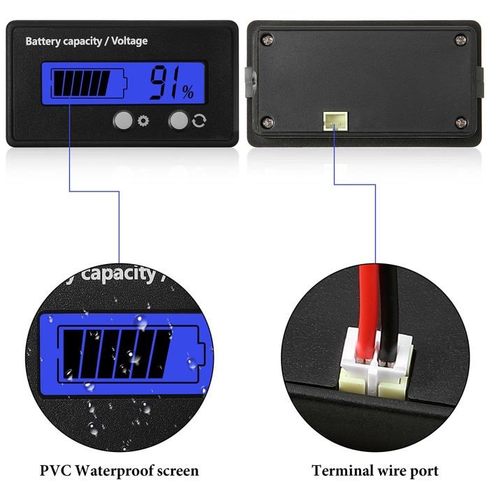 Indicateur de jauge batterie LCD wattmètre universel 12–84V (Bleu) — plomb & lithium