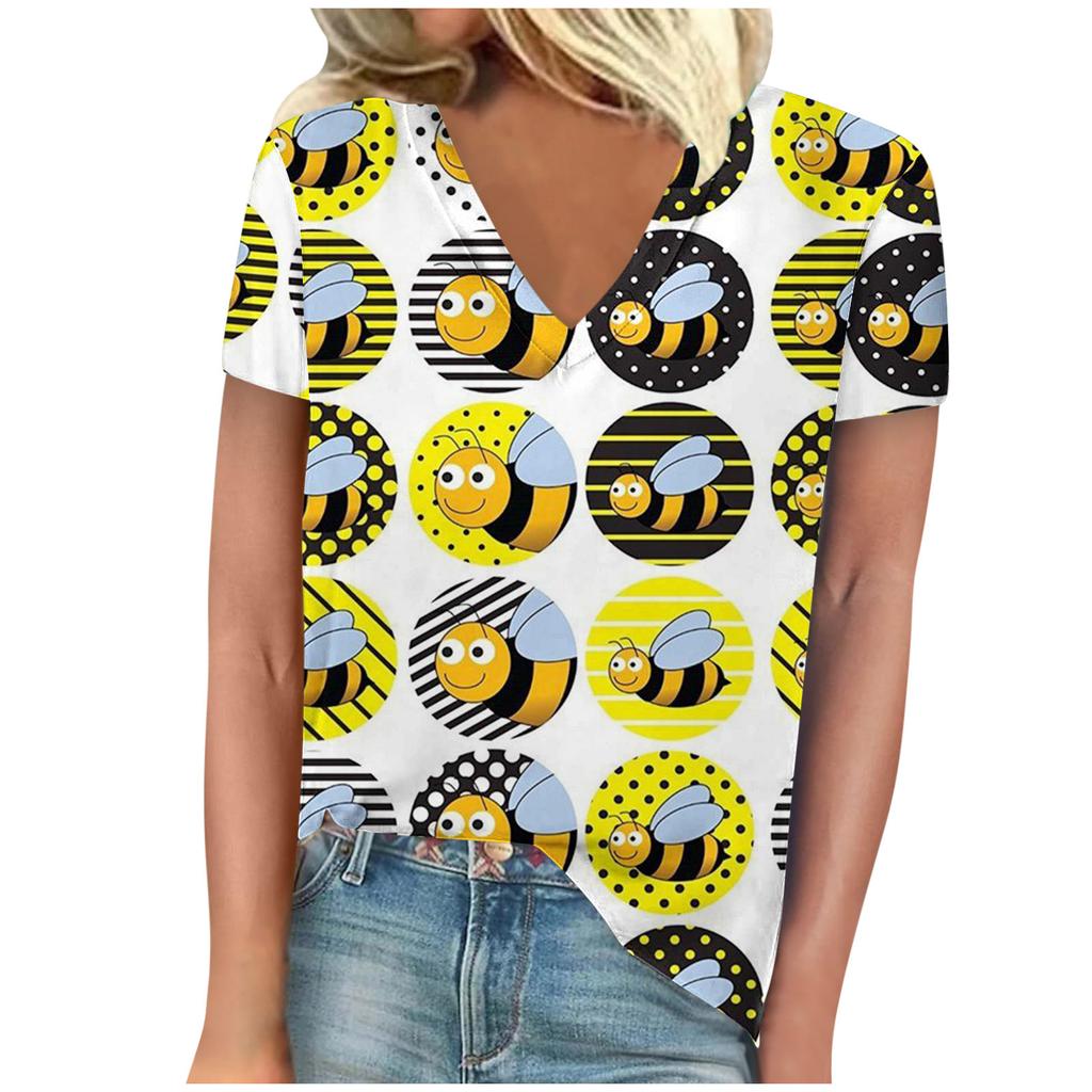 Винтажная женская футболка с принтом пчелы, с коротким рукавом, с V-образным вырезом, удобные футболки