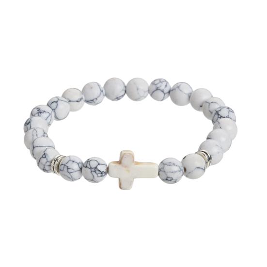 Браслет-крест для мужчин и женщин, браслет-крест из бисера из камня, эластичный браслет из камня, религиозный браслет, ювелирные изделия, подарки для христиан