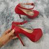 LOSLANDIFEN Women Pumps 14cm Sexy Concise Buckle Supper High Heels Fashion Ankle Strap Patent Leather Red Wedding Shoes
