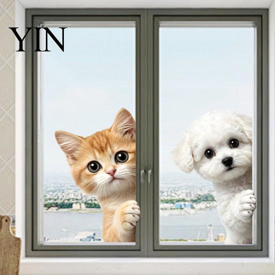 Easy to Apply Glass Stickers Cute Peeking Animal Static Window Clings, Cartoon Cat Dog Wall Stickers, Waterproof Reusable Film for Bathroom Removable
