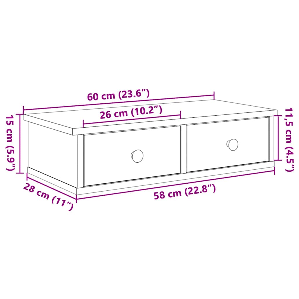 Wall Mounted Shelf with Drawers Artisan Oak Finish 60 x 28 x 15 cm Particleboard