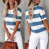 Summer Women Fashion Blue White Stripe T-shirt Loose Leisure Top Tee