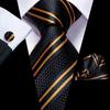 Gold Black Striped Mens Silk Tie Cufflinks Hanky Jacquard Paisley Floral Tie Set