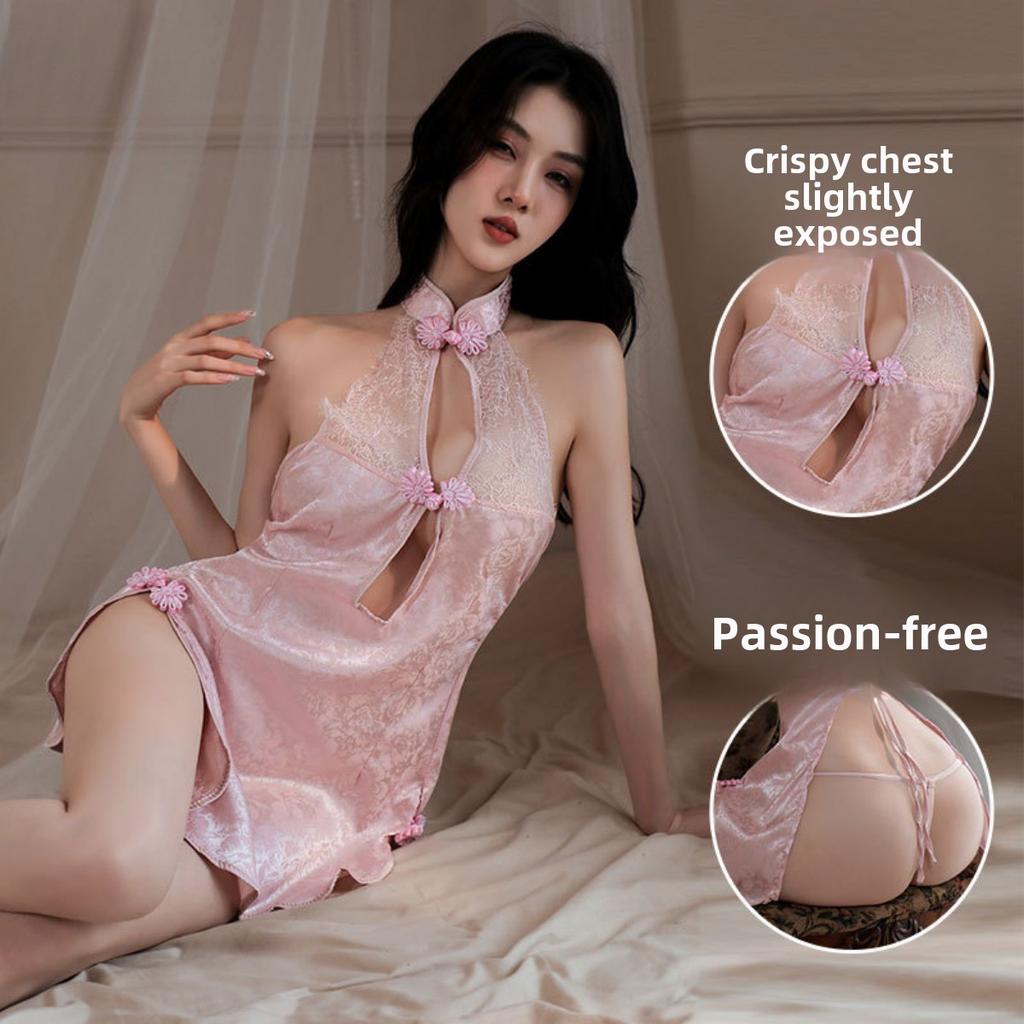 Retro Cheongsam Free Sex Underwear Side Split Mesh Transparent Lace Large Size Uniform Temptation
