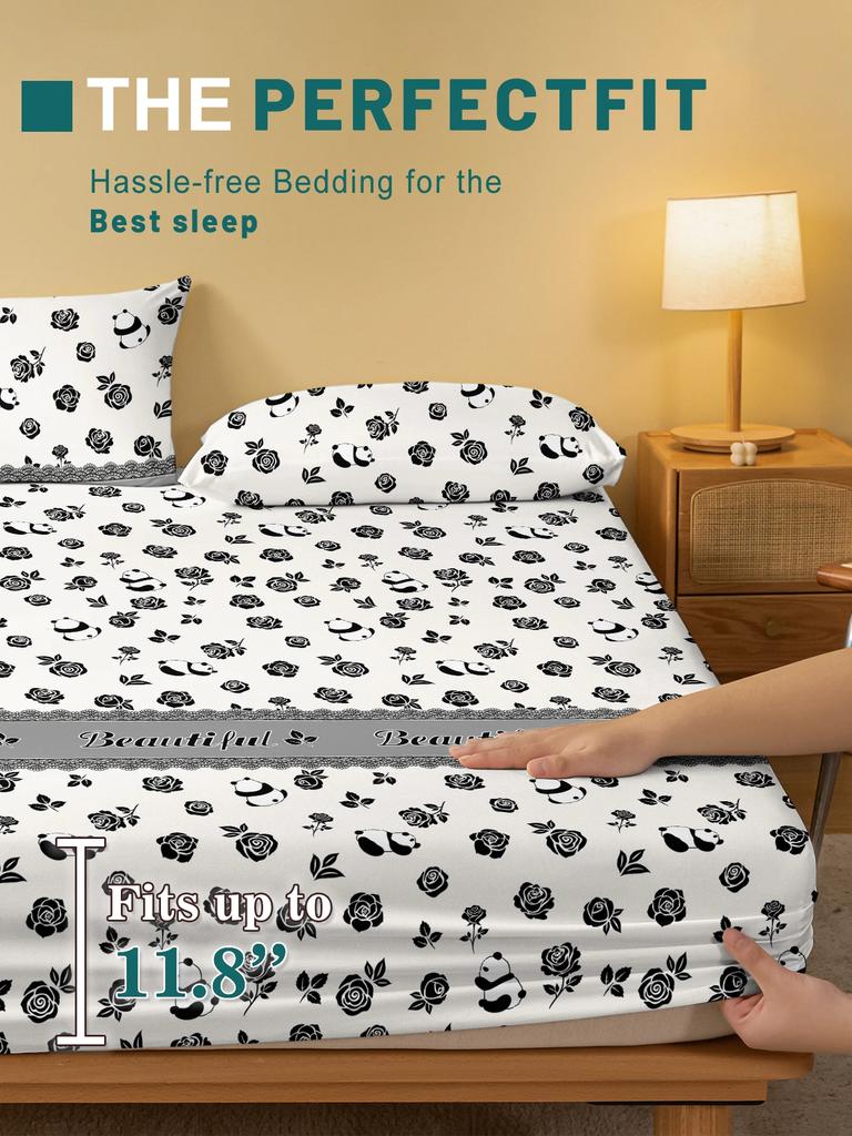 Simple 1 Modern Plant Flower Rose Printed Matte Fitted Sheet, Bedroom Printed Bed Cover, Bedding Excluding Pillowcases