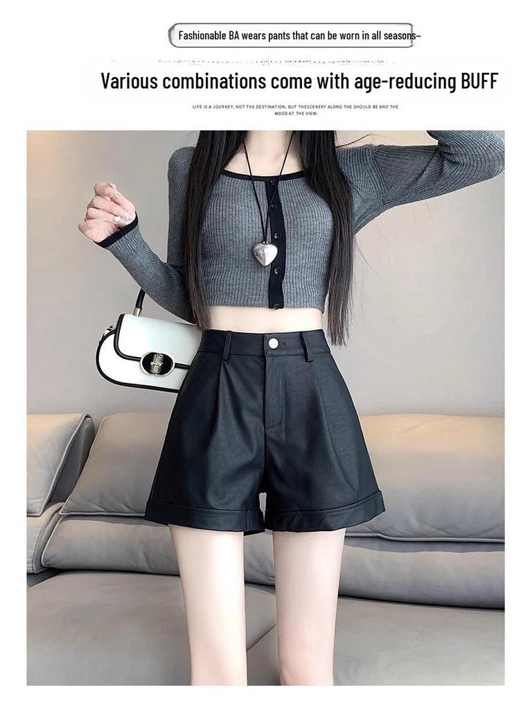 Women's High Waist PU Leather Shorts: Slim, Casual, Wide-Leg Design for Spring, Autumn, and Winter.
