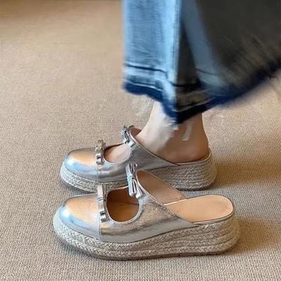 Версия из мягкой кожи~ полушлепки на толстой подошве с бантом, женские, новые 2025, повседневные, универсальные, с мелким вырезом, однопедальные туфли