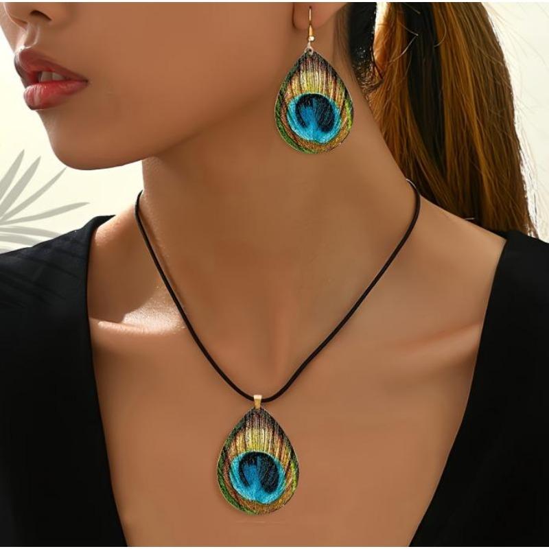 Этнический ретро богемный принт с узором из павлиньих перьев серьги-гвоздики геометрической формы в виде капель воды комплект с ожерельем