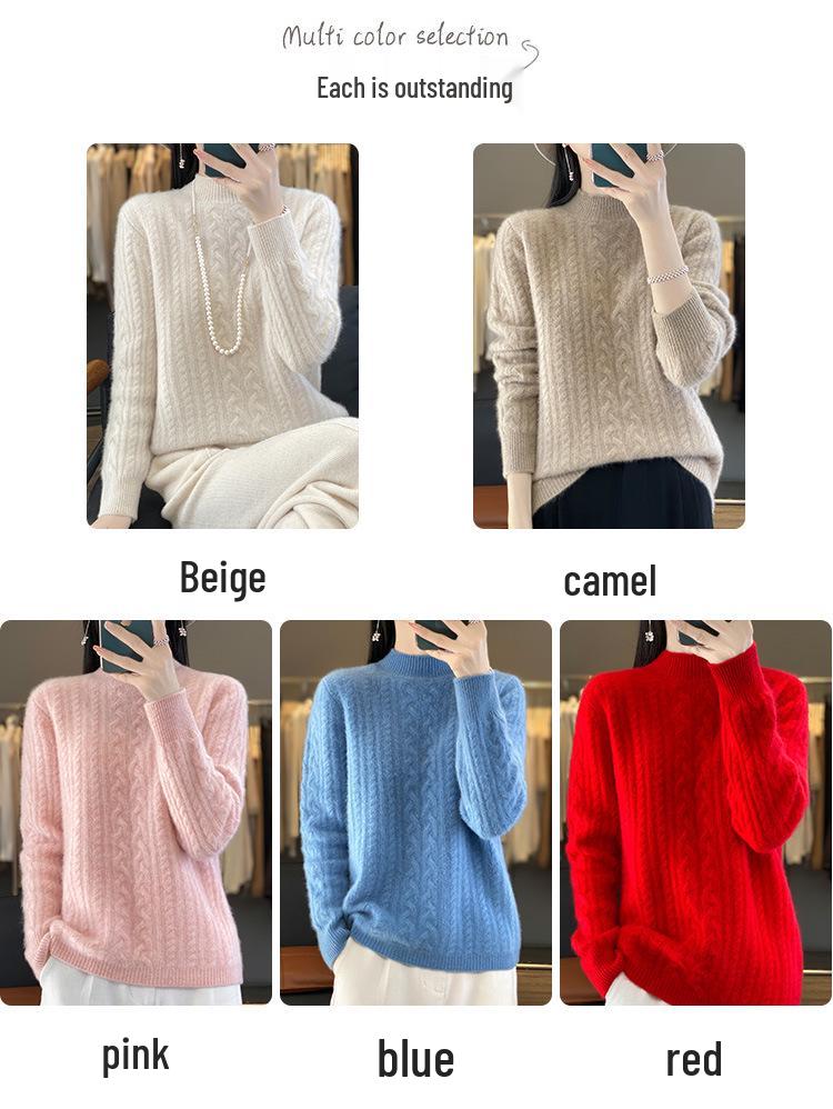 Autumn/Winter 2025 Women's High Neck Pure Wool Cable Knit Slimming Long Sleeve Top