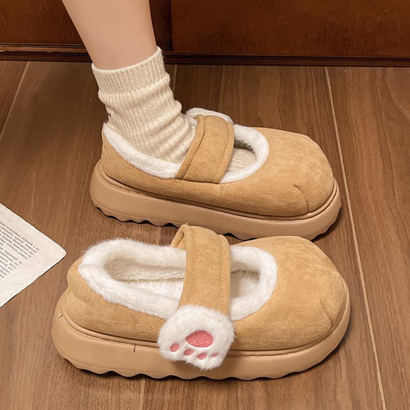 Warm Round Toe Ankle Boots Casual Comfortable Women Flats Cute Cat Paw Cotton Snow Boots Winter Thick Sole Indoor Outdoor Shoes