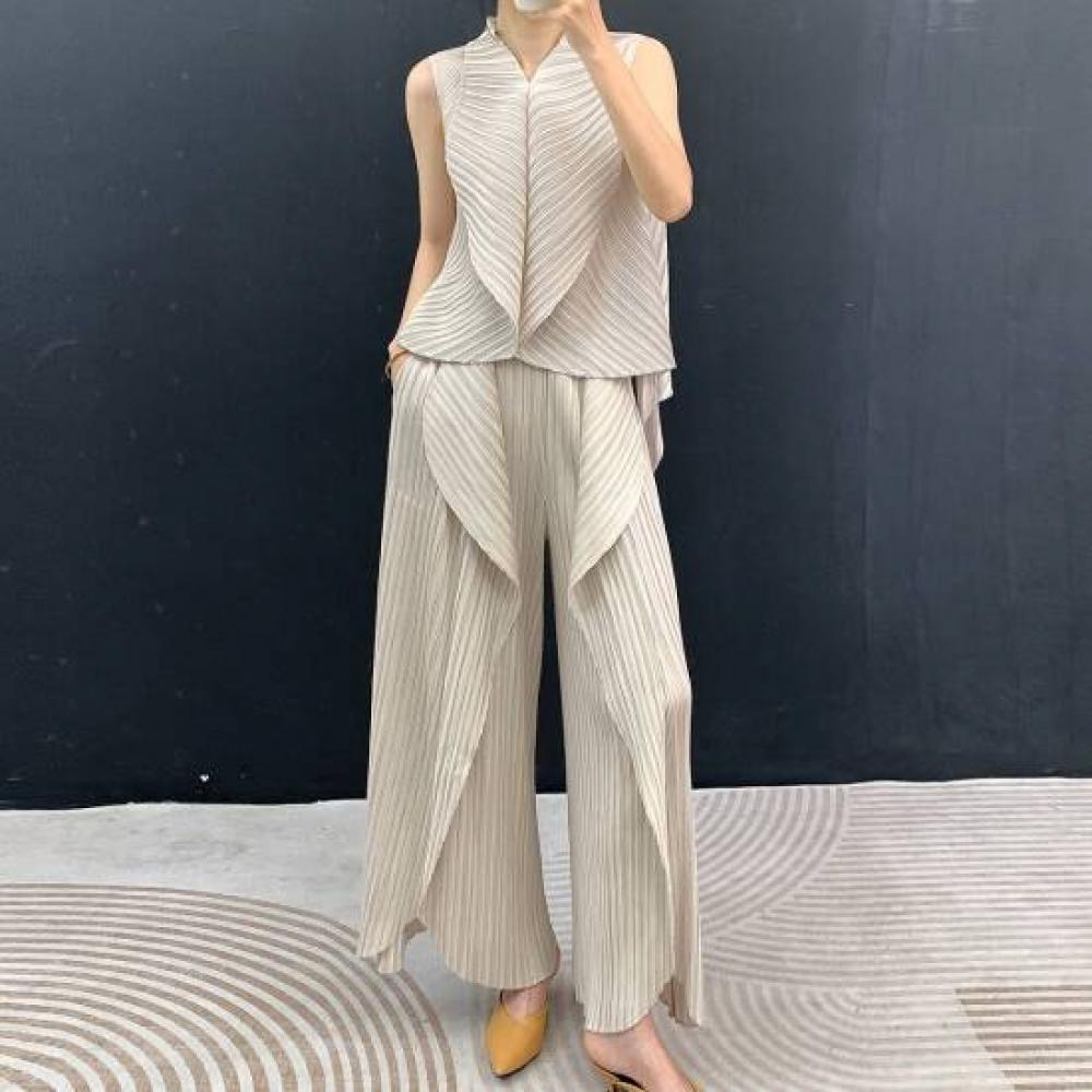 Plara Pleats Wide Folding Blouse + Pants Set
