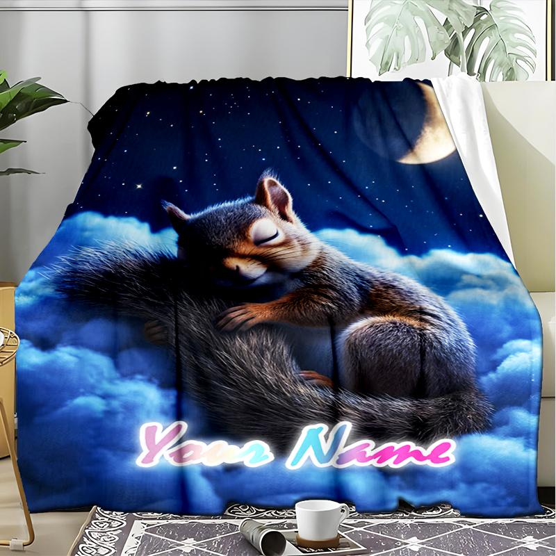 1PC Custom Name Squirrel Dreams Moonlight flannel blanket versatile,all-season throw suitable for the living room,bedroom,camping,travel,and gift