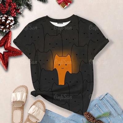 Летние элегантные женские футболки с короткими рукавами и принтом мультяшного кота для поездок на работу