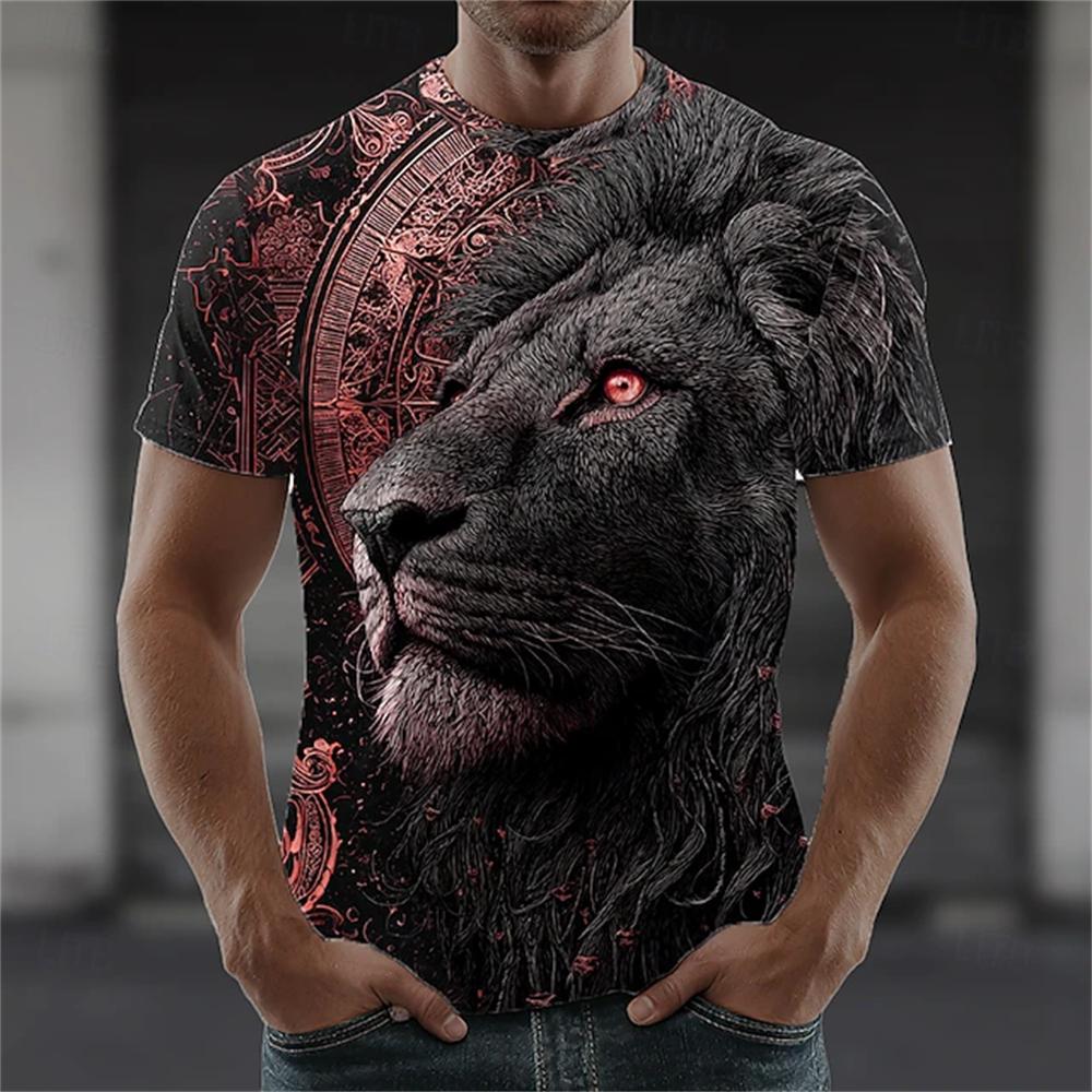 Men's Summer Crew-Neck T-Shirt with Cool Lion Print Casual Short-Sleeve Loose-Fit Pullover Fashionable Street Style for Men