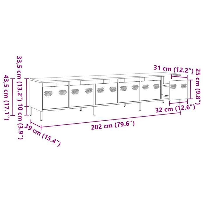 VidaXL Meuble TV noir 202x39x43,5 cm acier laminé à froid, banc TV, meuble métallique, meuble multimédia, buffet TV, meuble 3307149
