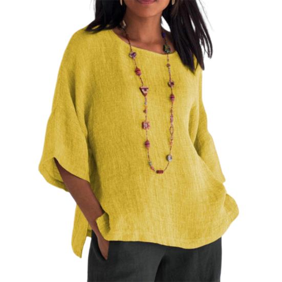 Women Blouse Solid Color Side Split Summer Crew Neck Loose-fitting Shirt Streetwear