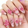 24Pcs Almond Press On Nails Ocean Blue French Tip With Flower Pearl Glitter Simple Wearable False Nail Art Manicure Set