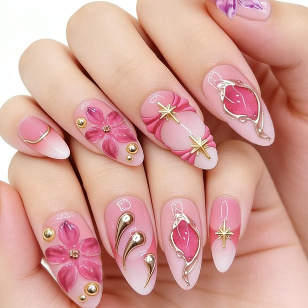 24Pcs Almond Press On Nails Ocean Blue French Tip With Flower Pearl Glitter Simple Wearable False Nail Art Manicure Set