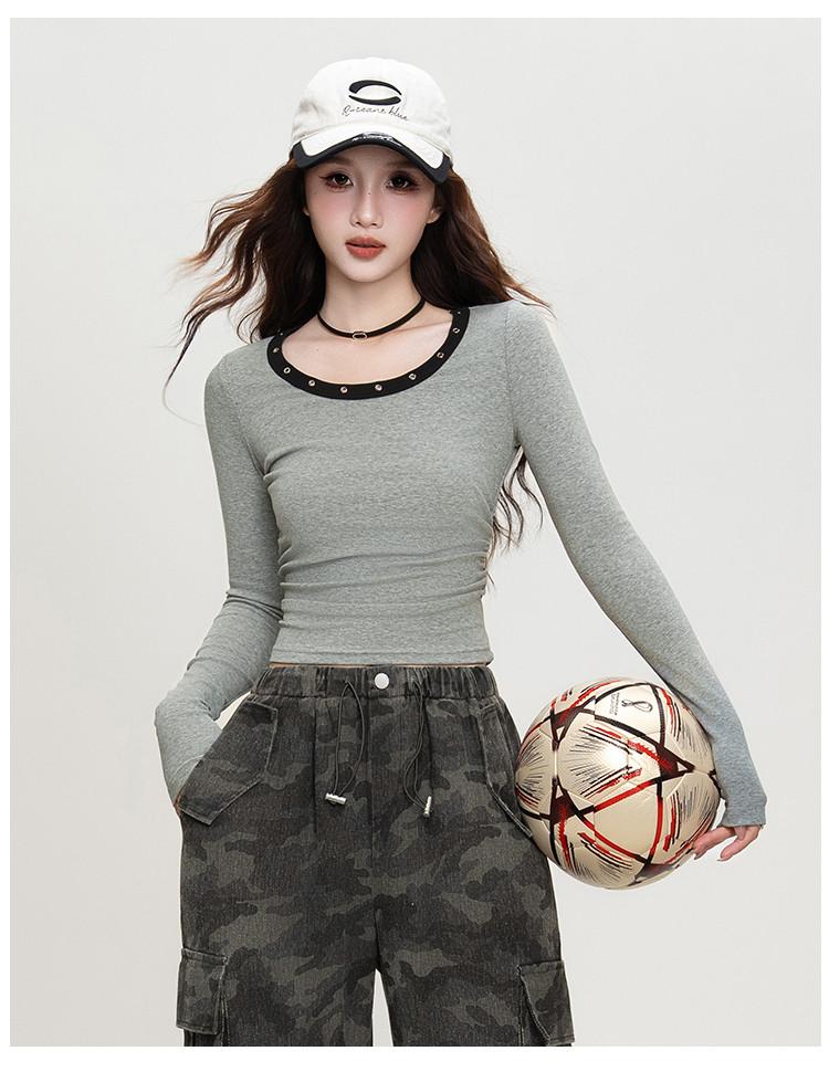 Women's European and American Style Long-Sleeved T-Shirt with Pleated Design