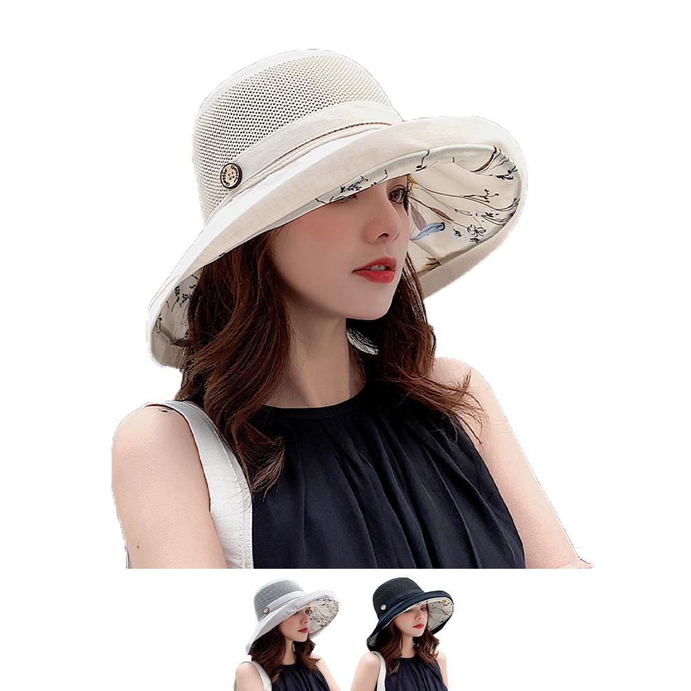 Summer Mesh Sun Hats For Women Wide-Brim Beach Bucket Caps Foldable Sun Protection Bucket Hat With Chin Strap