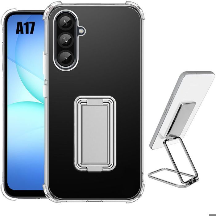 Coque Silicone - BOOLING - pour Samsung Galaxy A17 4G/5G - avec Support Ajustable Argenté