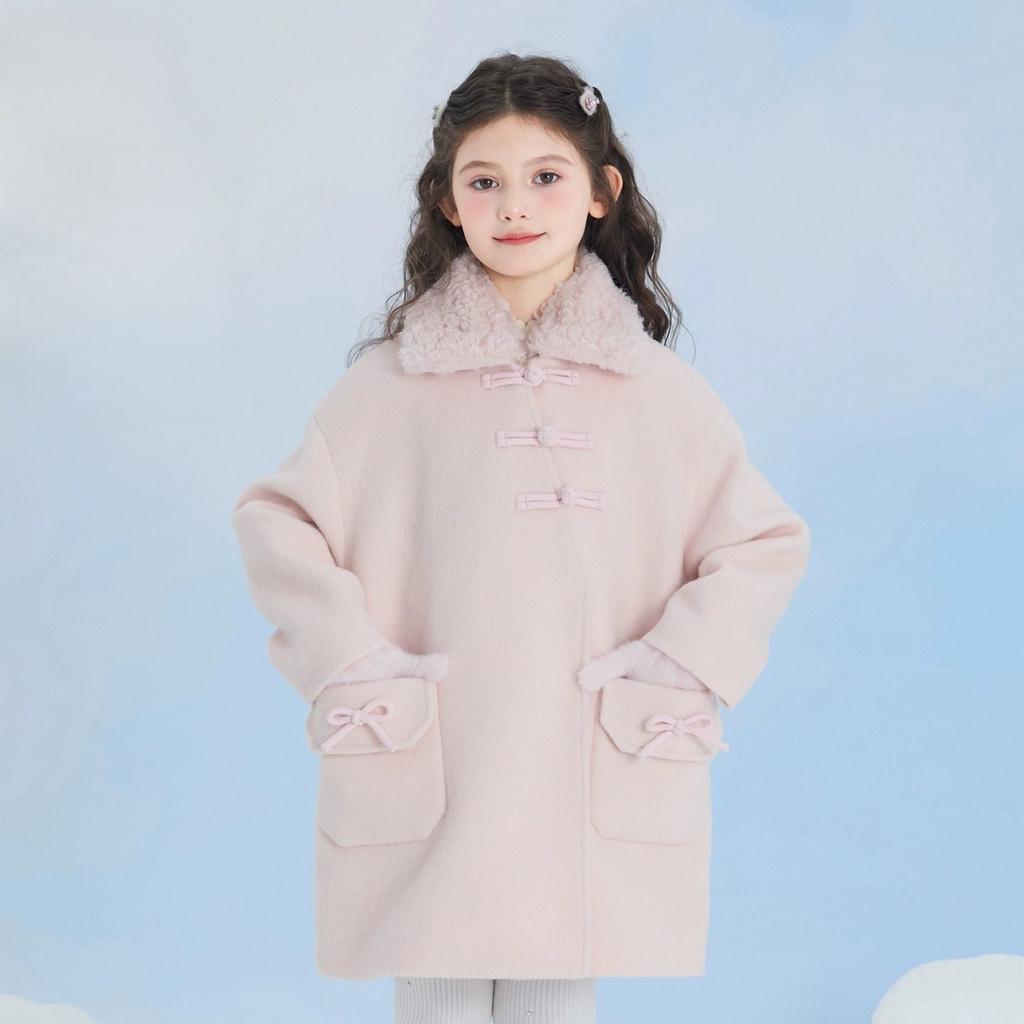 Модное розовое шерстяное пальто для девочек, милое шерстяное пальто с хлопковой подкладкой для детей на осень и зиму