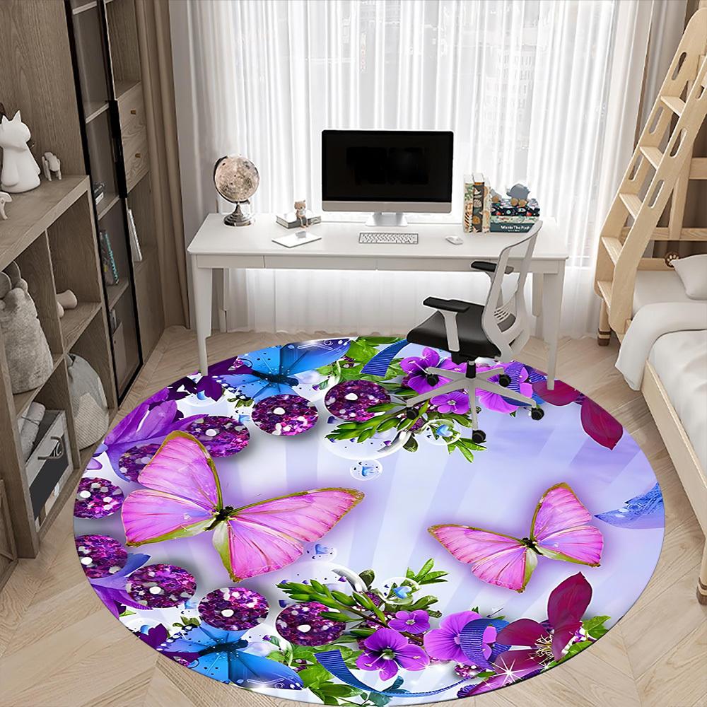 1pc Butterfly Flowers Office Round Rug, Carpet for Office, Gaming, Lightweight Round Floor Mat yy260205017
