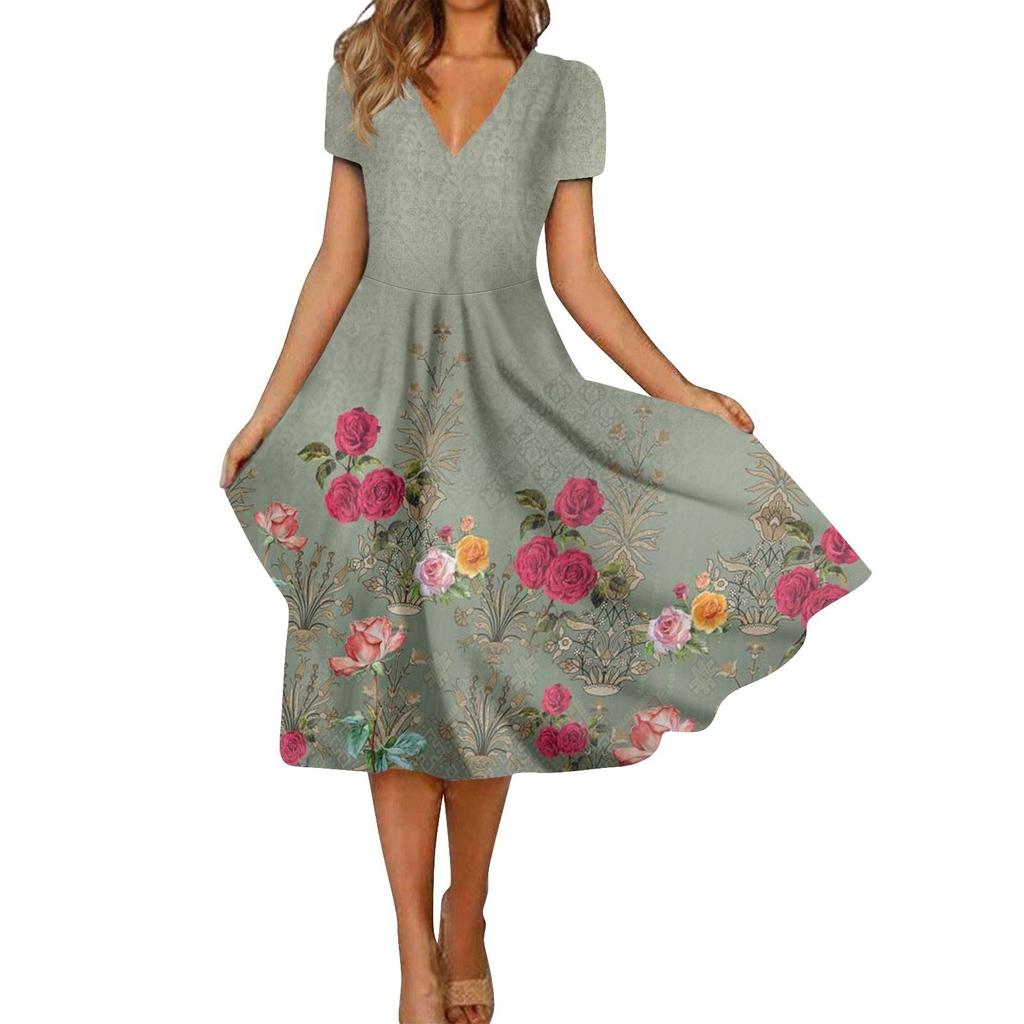 Women's Summer Casual Fashion Retro Print Short Sleeve V-Neck Swing Dress