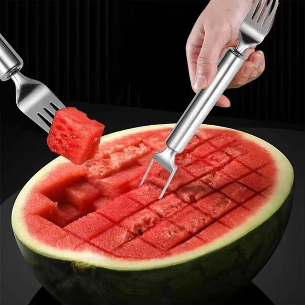 2 in 1 Watermelon Cutter Silver Stainless Steel Watermelon Fork Slicer Multi-purpose Double Head Use Fruit Slicer Kitchen