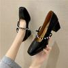 Fashion Pearl Band Mary Jane Shoes Women Thick High Heels Talons Hauts Bow-knot Beads Lolita Shoes Square Toe Shallow Woman Pumps 2024
