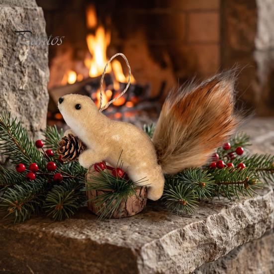 Winter Seasonal Tree Ornaments Christmas Squirrel for Tree, Cute Felt Plush Woodland with Pine Forest Animal Holiday Decor Cone, Hanging Decoration