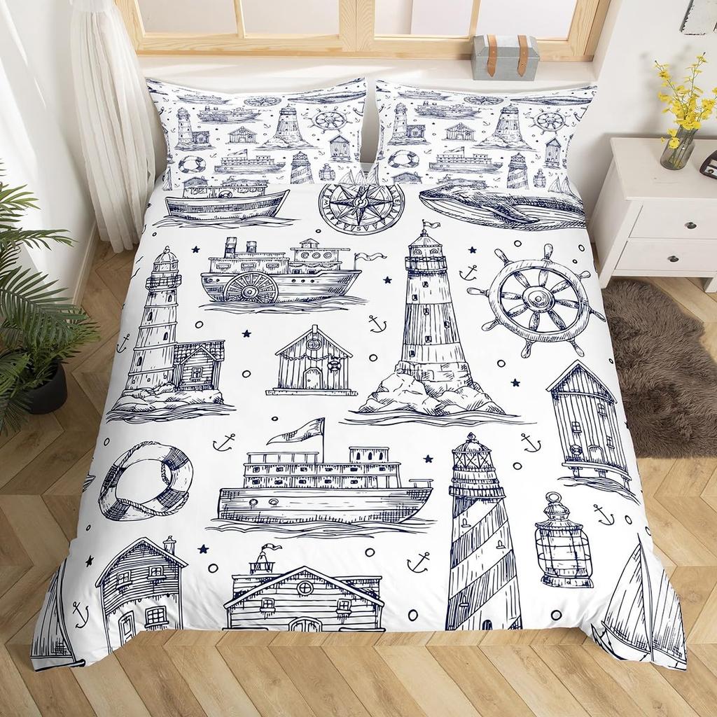 Nautical Comforter Cover Sailboat Lighthouse Duvet Cover Watercolor Ocean Themed Bedding Set Summer Beach Polyester Quilt Cover