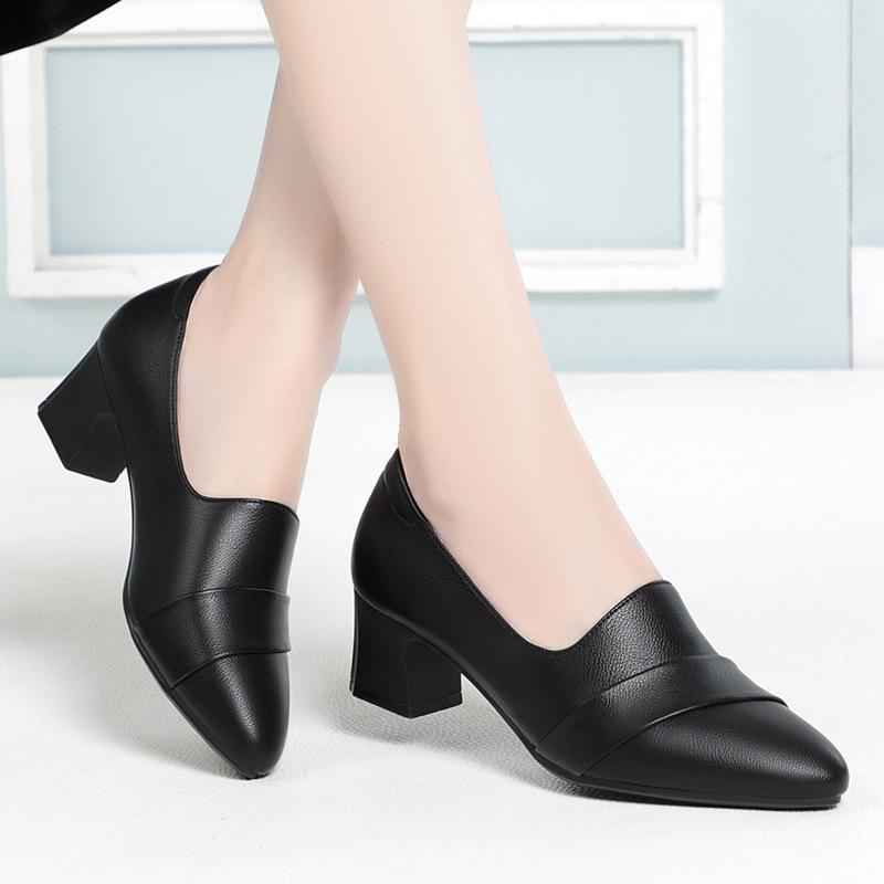 New Middle-aged Women's Pumps PU Leather Soft Sole Non-slip Genuine Leather Casual 2024 Spring Non-slip Mid-heel Single Shoes