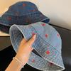 Heart Loving Retro Pattern Fisherman Hat Unisex Denim For Outdoor Activities